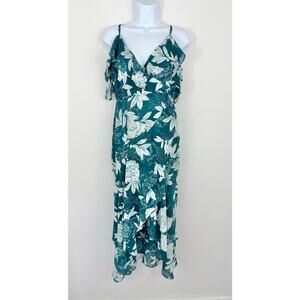 Bardot Green Floral Maxi Dress Size 6 | Flowy Ruffle Asymmetrical Hem